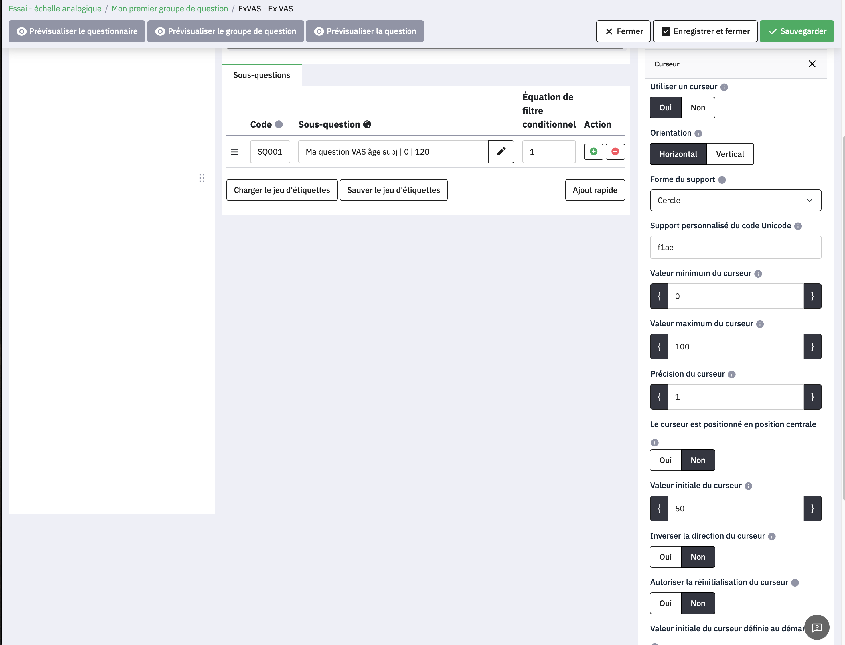Configuration du slider