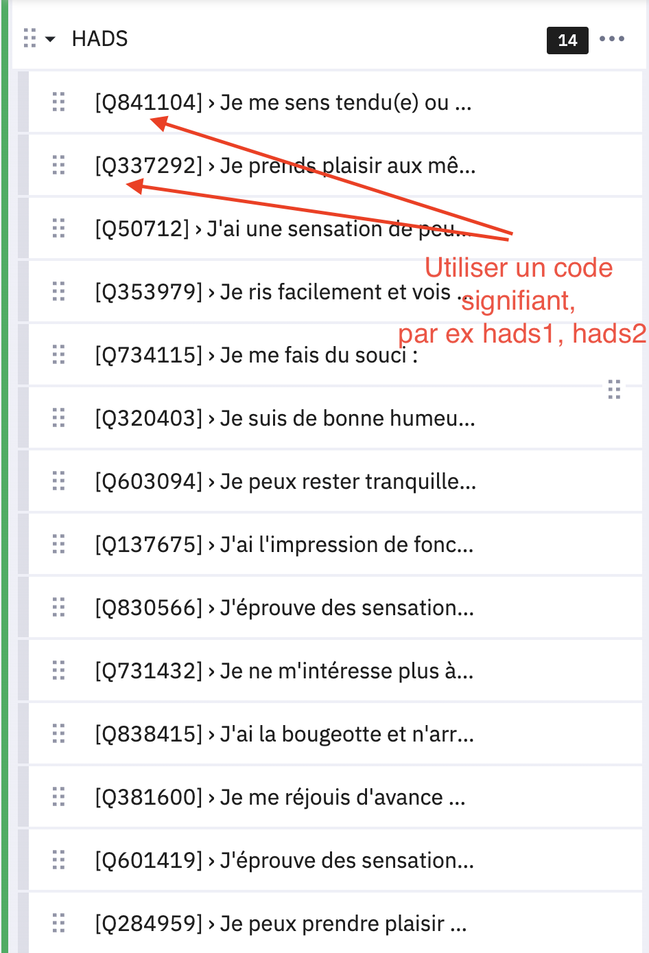 Code des questions