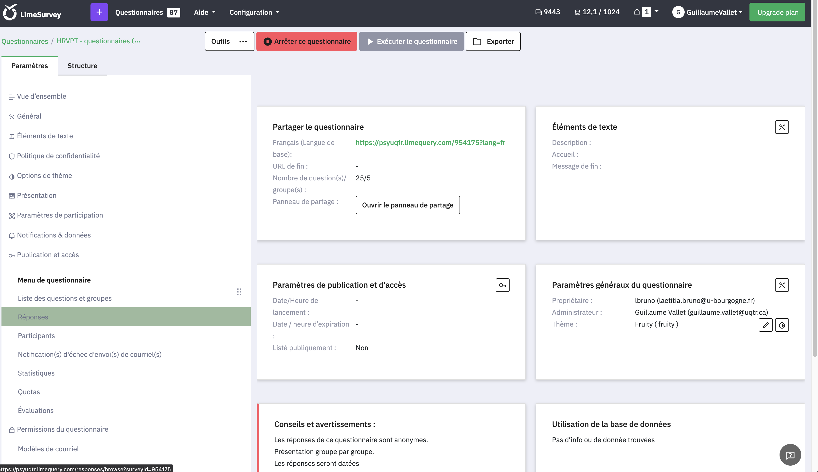 Option Réponses pour l'export de LimeSurvey