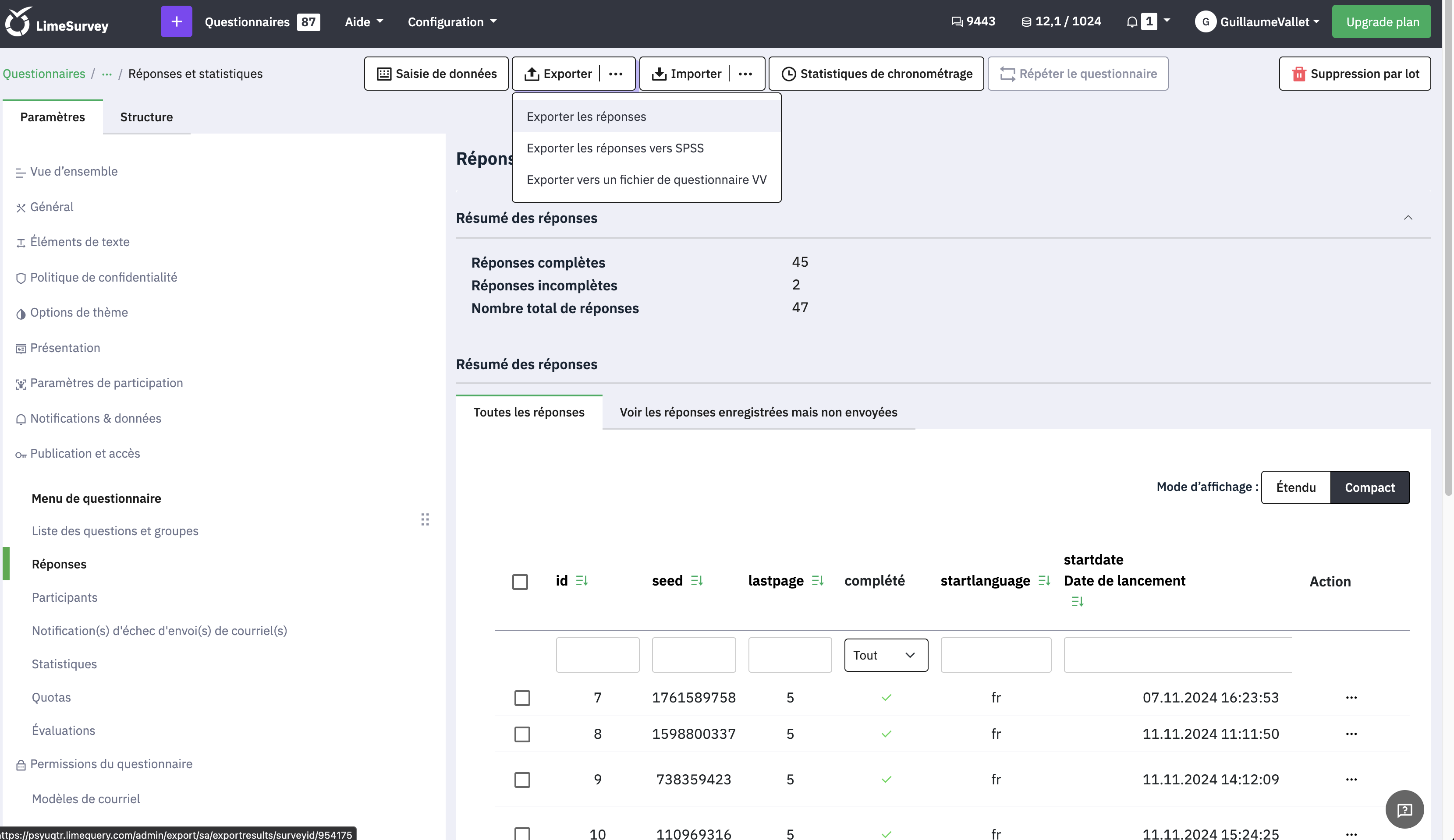 Menu pour exporter les réponses dans LimeSurvey