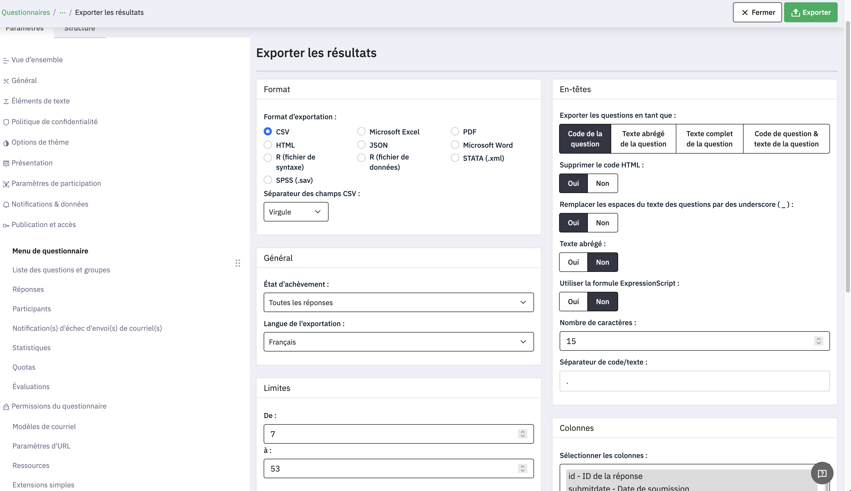 Choix format des questions pour exporter les réponses dans LimeSurvey
