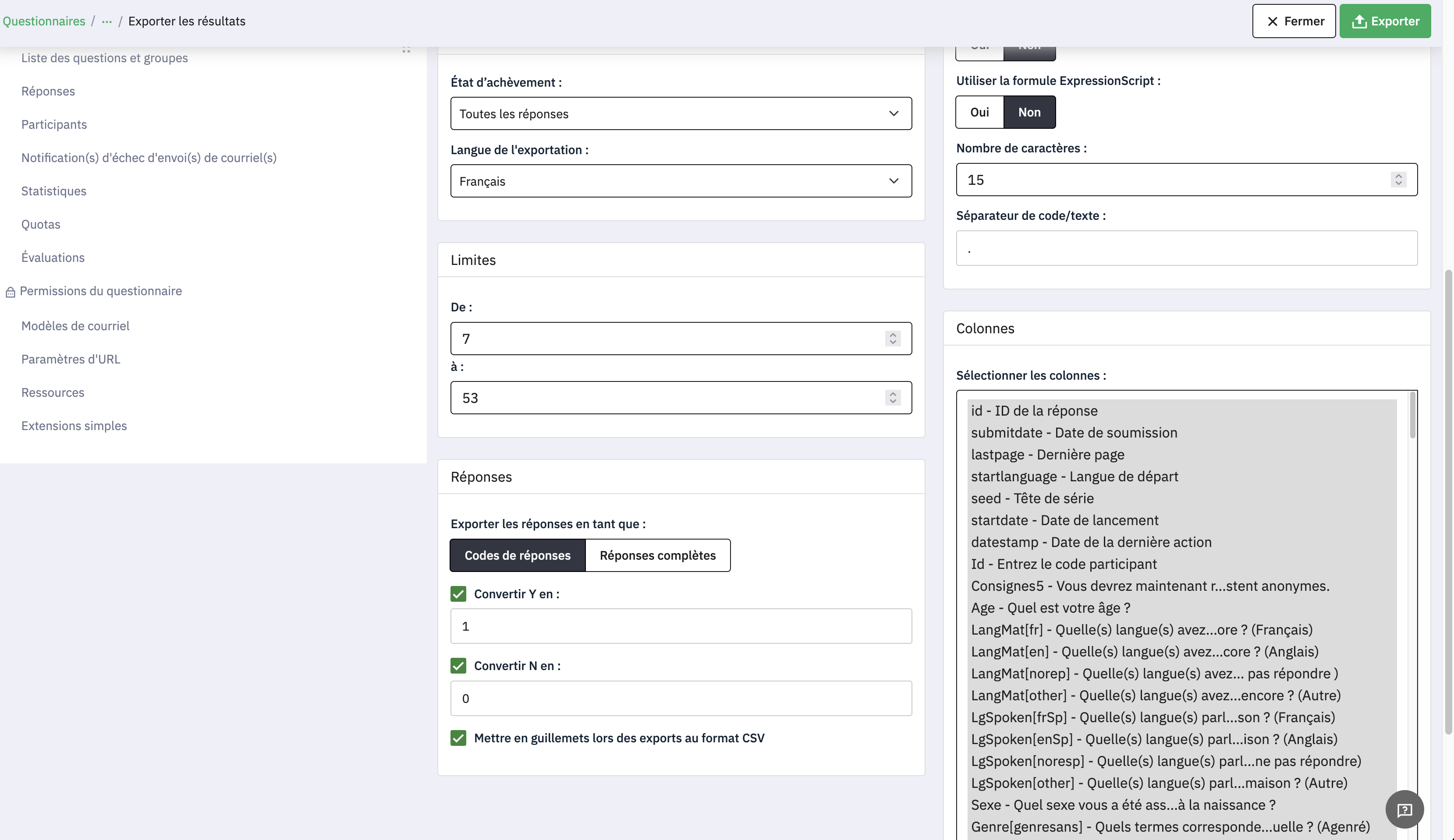 Changer les réponses Oui/Non export de LimeSurvey